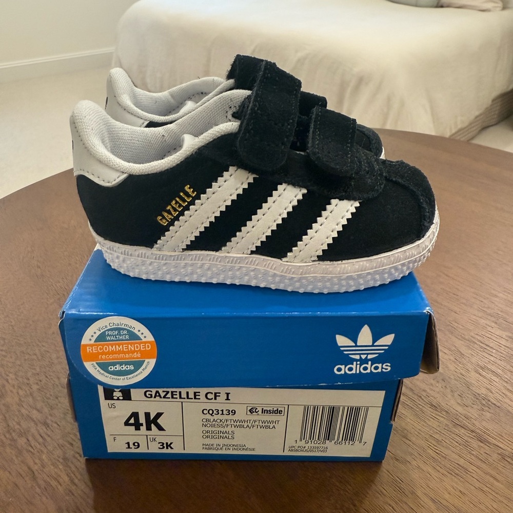 Adidas Black and White Gazelle Sneakers with Velcro Straps